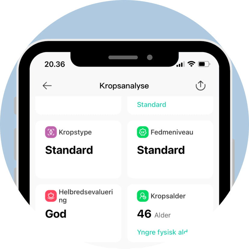 Vellafit Kropsscanner mobilapp interface, detaljeret analyse med 56 kropsanalyser